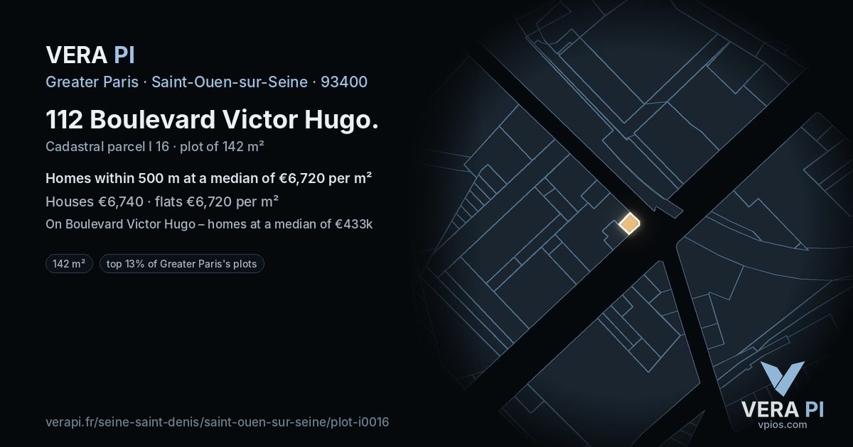112 Boulevard Victor Hugo, Saint-Ouen-sur-Seine at night – the plot lit, the parcels around coloured by the prices near them