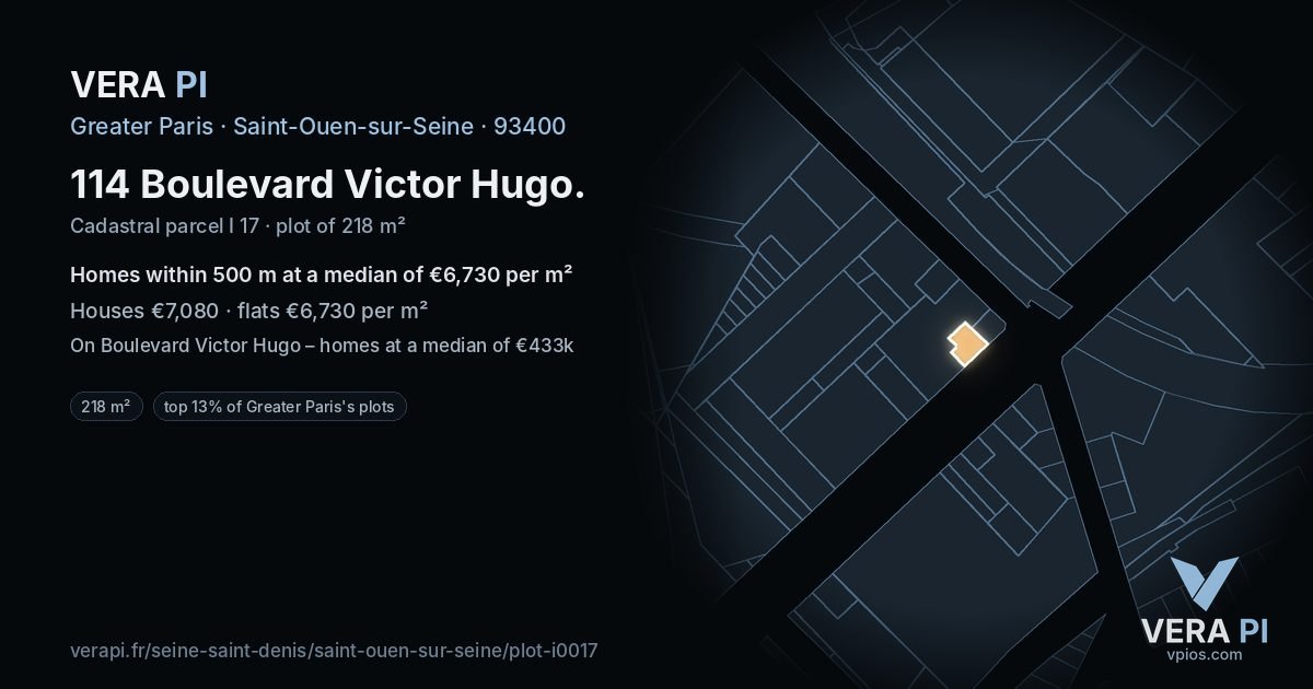 114 Boulevard Victor Hugo, Saint-Ouen-sur-Seine at night – the plot lit, the parcels around coloured by the prices near them
