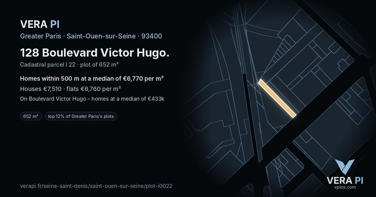 128 Boulevard Victor Hugo, Saint-Ouen-sur-Seine at night – the plot lit, the parcels around coloured by the prices near them