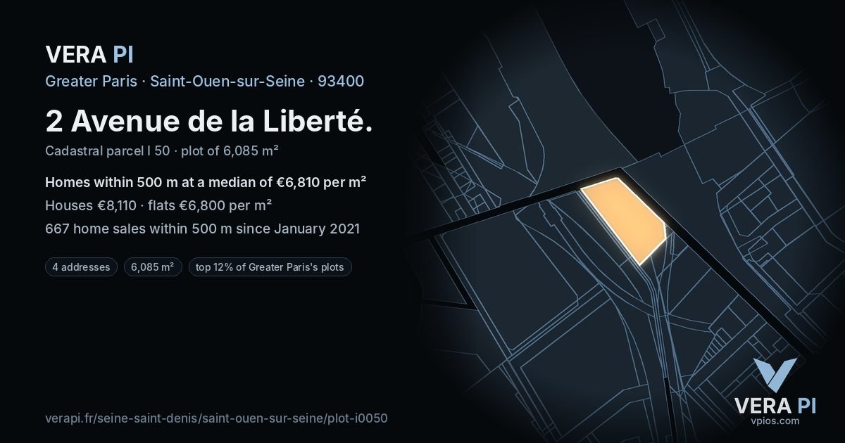 2 Avenue de la Liberté, Saint-Ouen-sur-Seine at night – the plot lit, the parcels around coloured by the prices near them