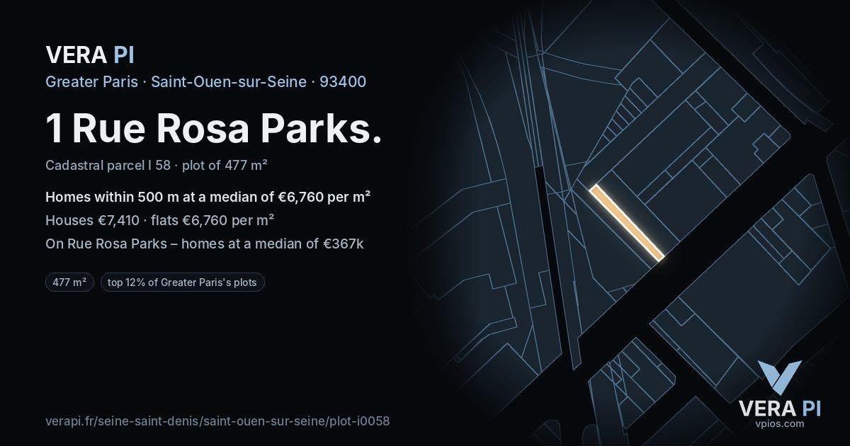 1 Rue Rosa Parks, Saint-Ouen-sur-Seine at night – the plot lit, the parcels around coloured by the prices near them