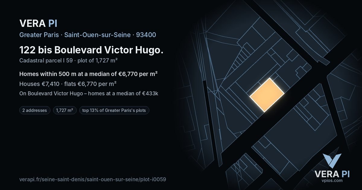 122 bis Boulevard Victor Hugo, Saint-Ouen-sur-Seine at night – the plot lit, the parcels around coloured by the prices near them