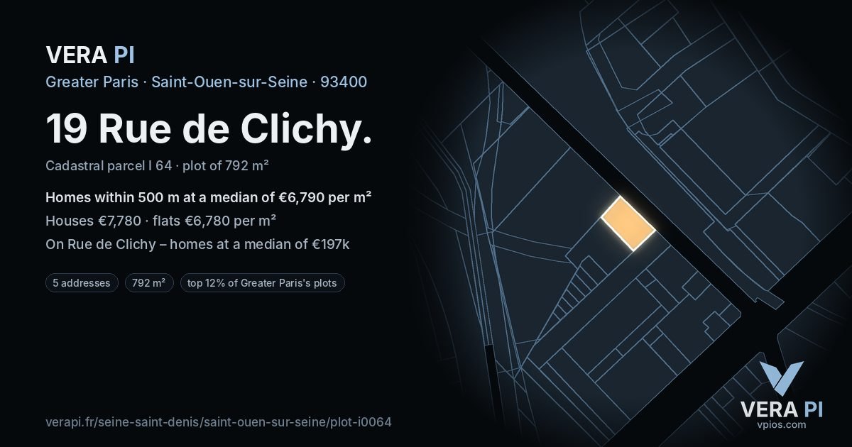 19 Rue de Clichy, Saint-Ouen-sur-Seine at night – the plot lit, the parcels around coloured by the prices near them