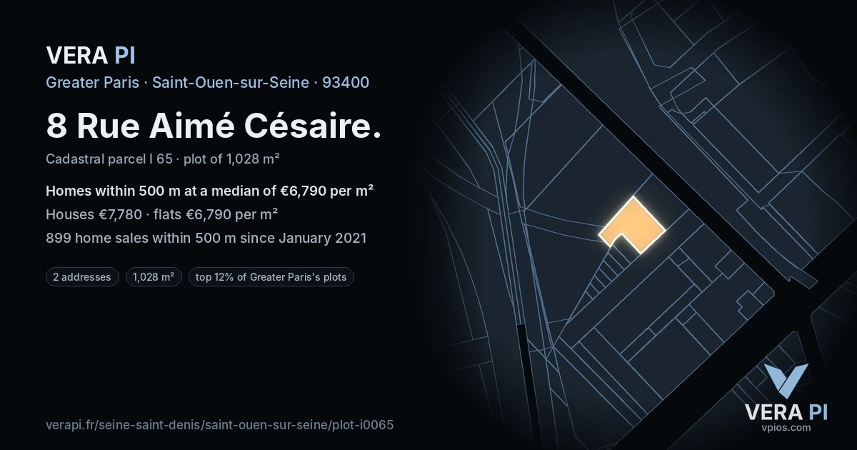 8 Rue Aimé Césaire, Saint-Ouen-sur-Seine at night – the plot lit, the parcels around coloured by the prices near them