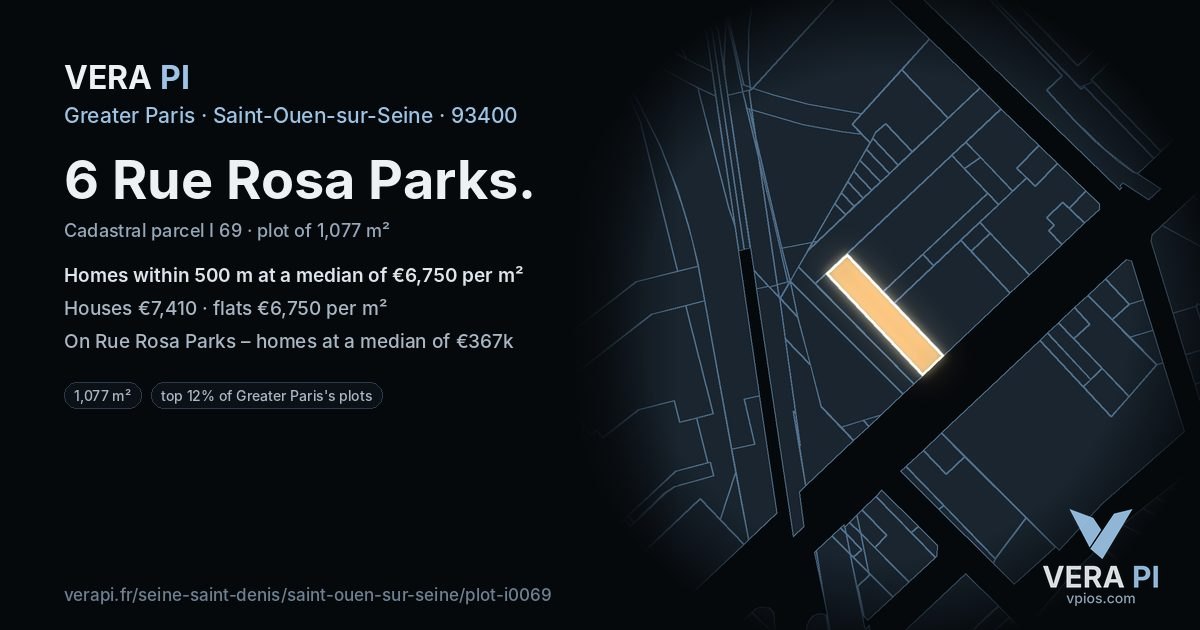 6 Rue Rosa Parks, Saint-Ouen-sur-Seine at night – the plot lit, the parcels around coloured by the prices near them
