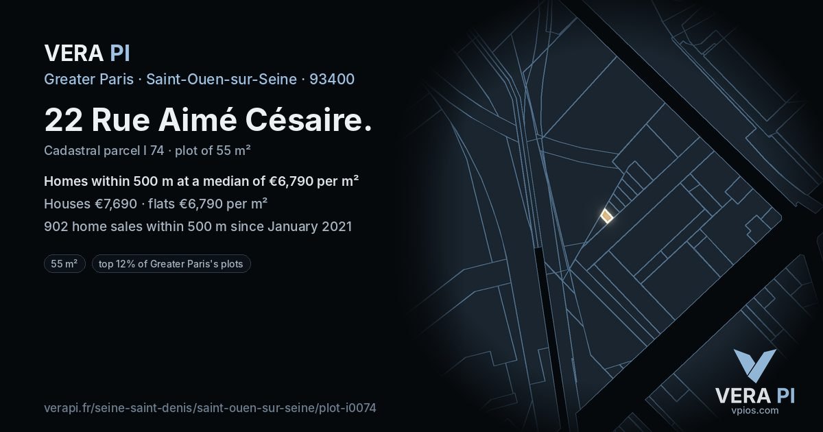 22 Rue Aimé Césaire, Saint-Ouen-sur-Seine at night – the plot lit, the parcels around coloured by the prices near them