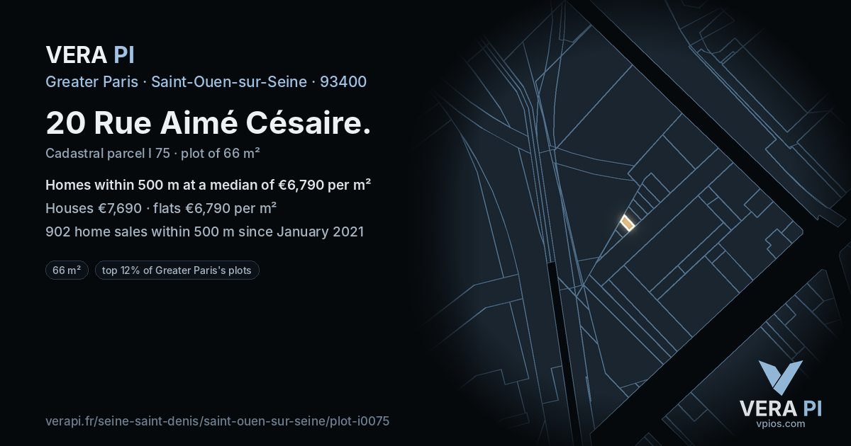 20 Rue Aimé Césaire, Saint-Ouen-sur-Seine at night – the plot lit, the parcels around coloured by the prices near them