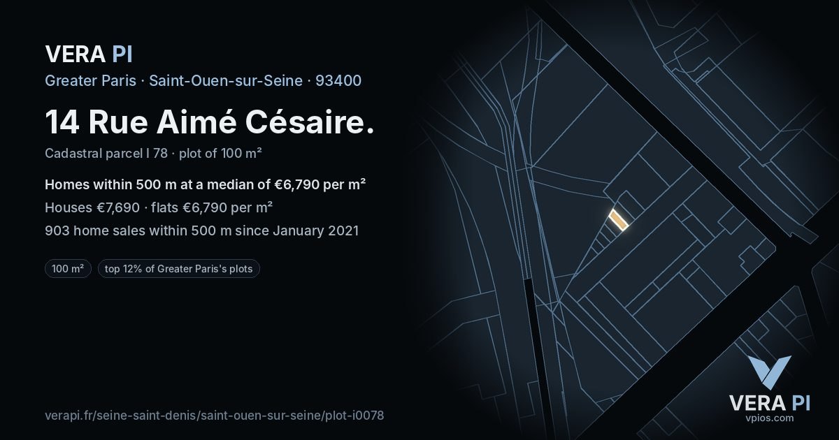 14 Rue Aimé Césaire, Saint-Ouen-sur-Seine at night – the plot lit, the parcels around coloured by the prices near them