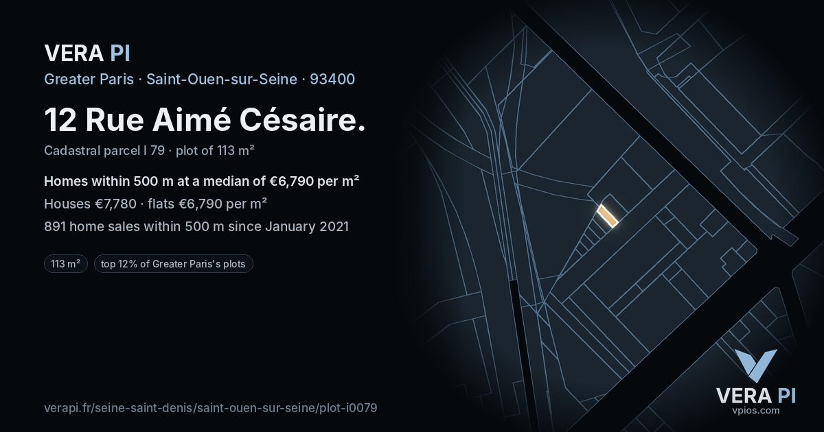 12 Rue Aimé Césaire, Saint-Ouen-sur-Seine at night – the plot lit, the parcels around coloured by the prices near them