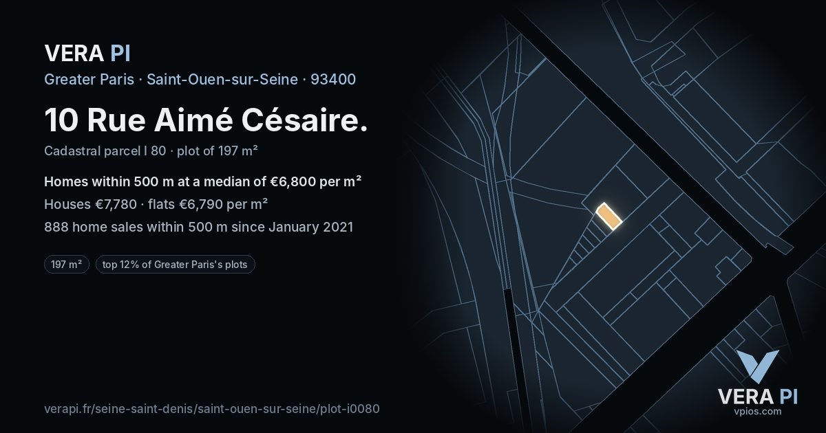 10 Rue Aimé Césaire, Saint-Ouen-sur-Seine at night – the plot lit, the parcels around coloured by the prices near them