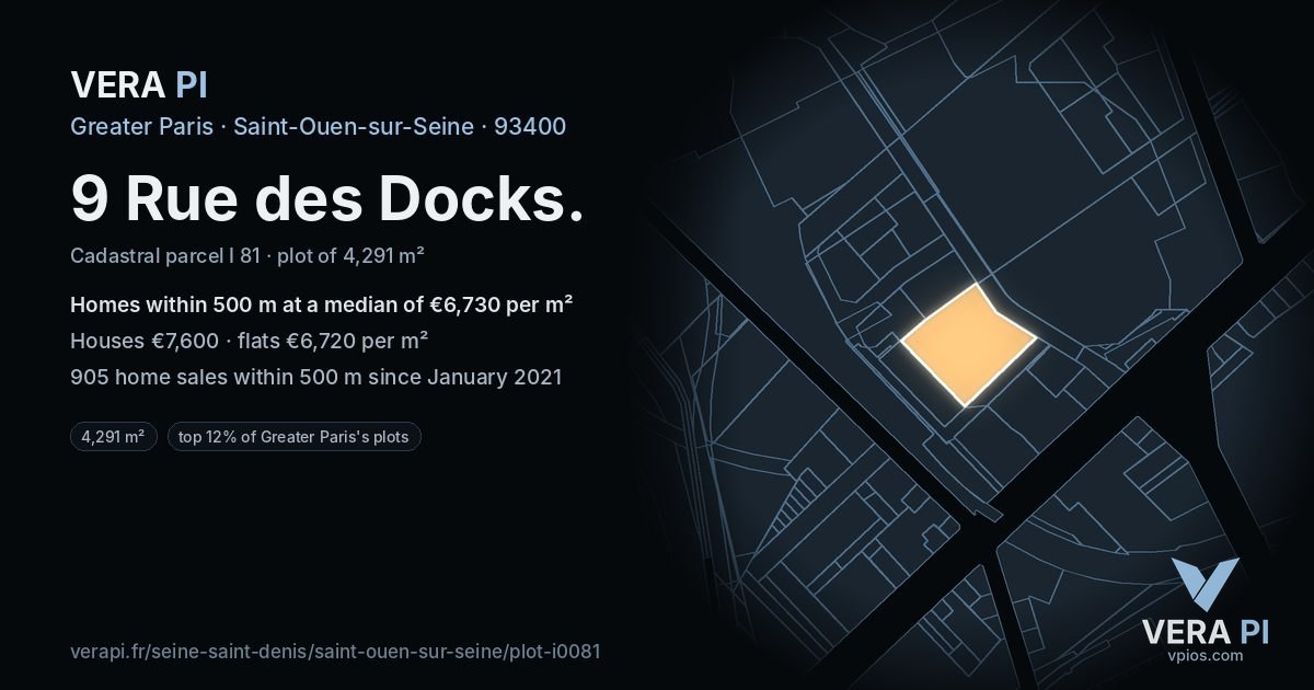 9 Rue des Docks, Saint-Ouen-sur-Seine at night – the plot lit, the parcels around coloured by the prices near them