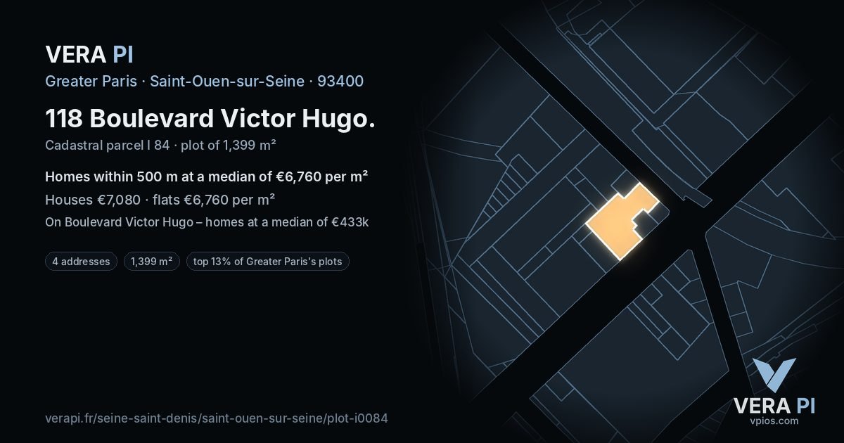 118 Boulevard Victor Hugo, Saint-Ouen-sur-Seine at night – the plot lit, the parcels around coloured by the prices near them