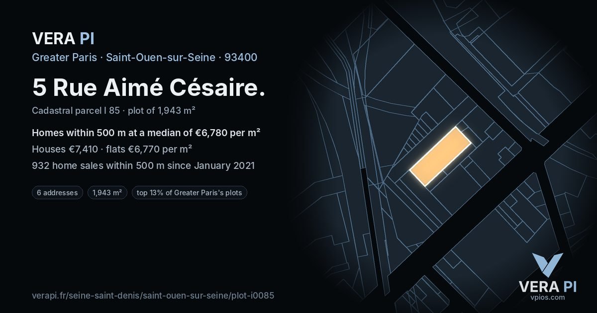 5 Rue Aimé Césaire, Saint-Ouen-sur-Seine at night – the plot lit, the parcels around coloured by the prices near them