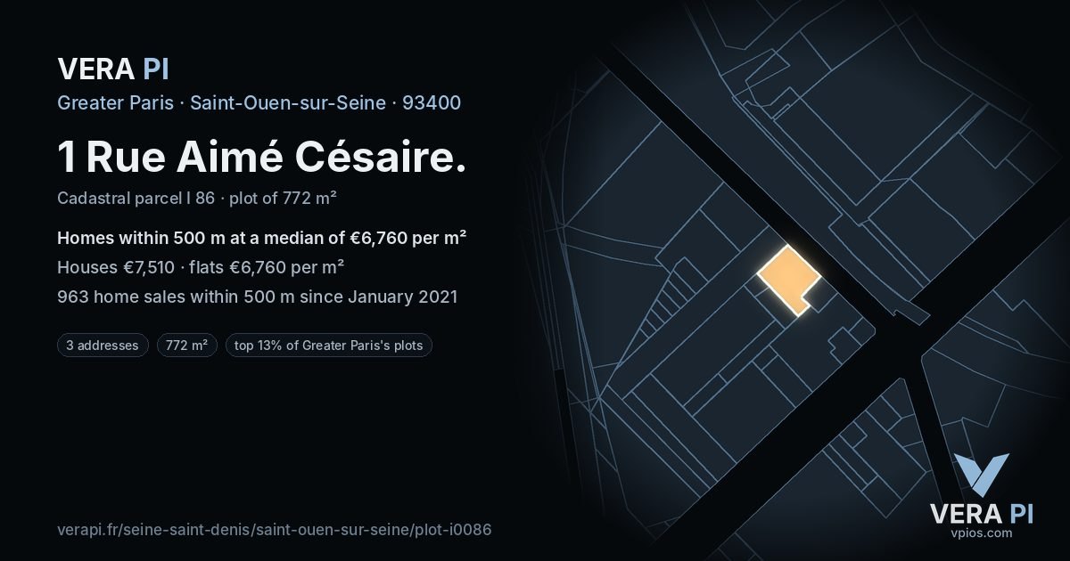 1 Rue Aimé Césaire, Saint-Ouen-sur-Seine at night – the plot lit, the parcels around coloured by the prices near them