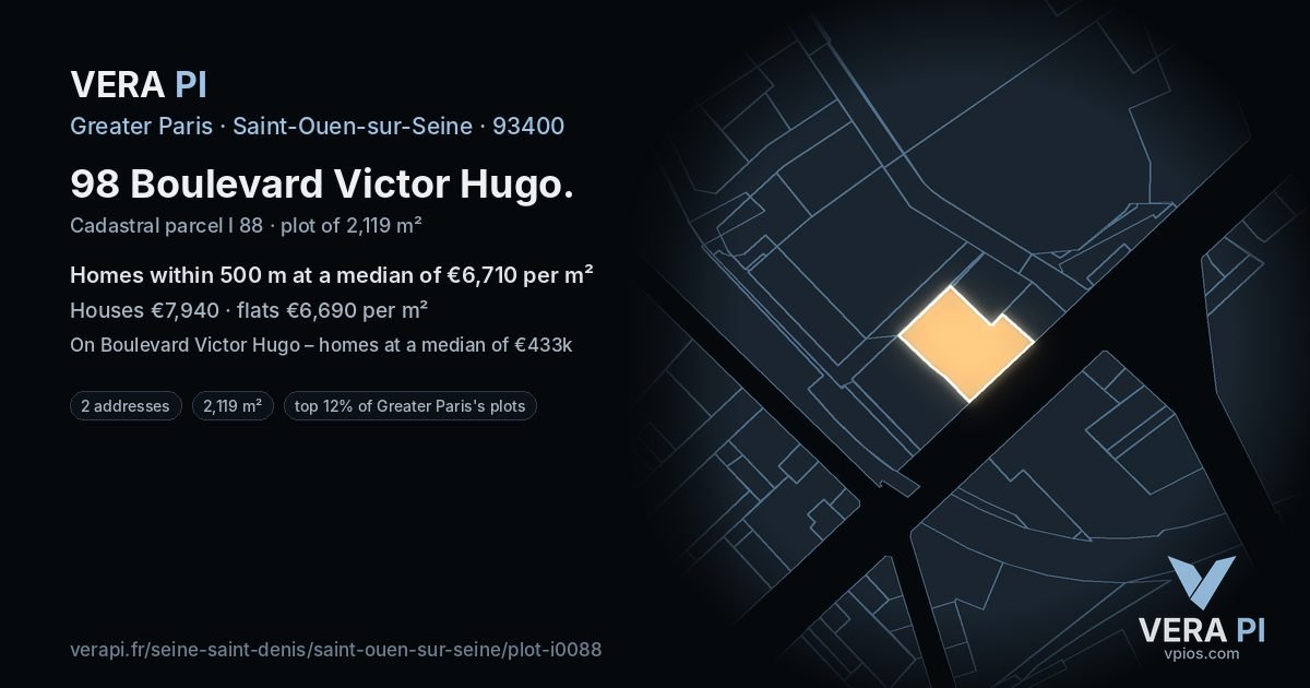 98 Boulevard Victor Hugo, Saint-Ouen-sur-Seine at night – the plot lit, the parcels around coloured by the prices near them