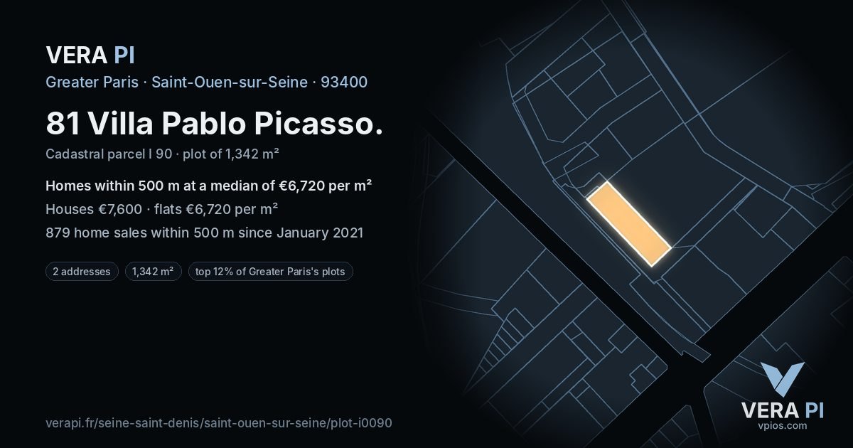 81 Villa Pablo Picasso, Saint-Ouen-sur-Seine at night – the plot lit, the parcels around coloured by the prices near them