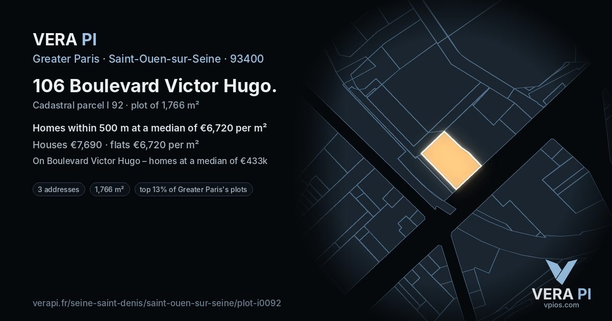 106 Boulevard Victor Hugo, Saint-Ouen-sur-Seine at night – the plot lit, the parcels around coloured by the prices near them