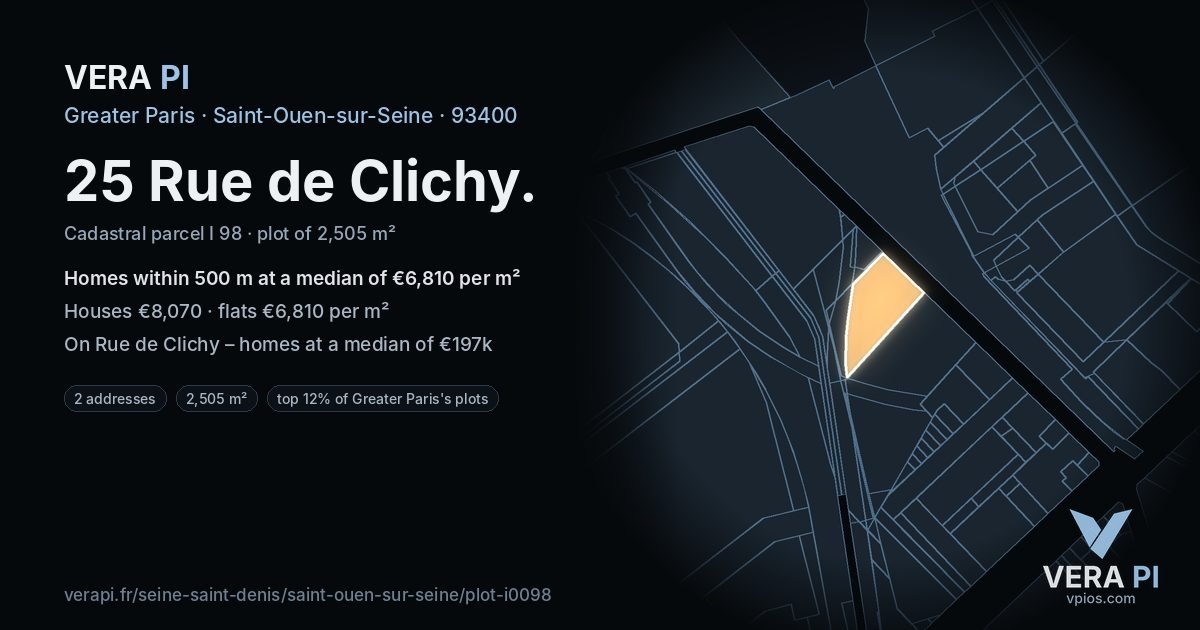 25 Rue de Clichy, Saint-Ouen-sur-Seine at night – the plot lit, the parcels around coloured by the prices near them