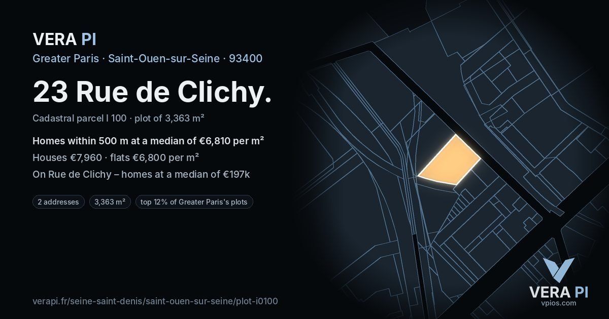 23 Rue de Clichy, Saint-Ouen-sur-Seine at night – the plot lit, the parcels around coloured by the prices near them