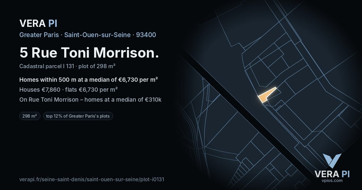 5 Rue Toni Morrison, Saint-Ouen-sur-Seine at night – the plot lit, the parcels around coloured by the prices near them
