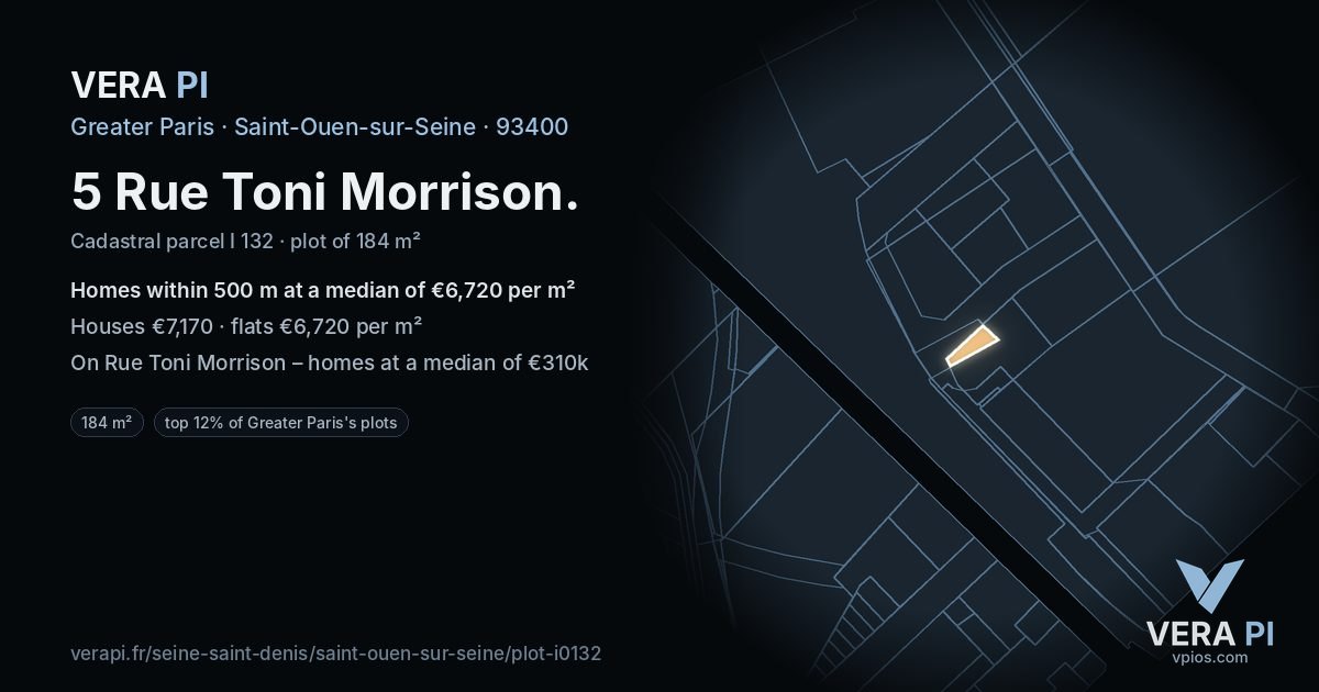5 Rue Toni Morrison, Saint-Ouen-sur-Seine at night – the plot lit, the parcels around coloured by the prices near them