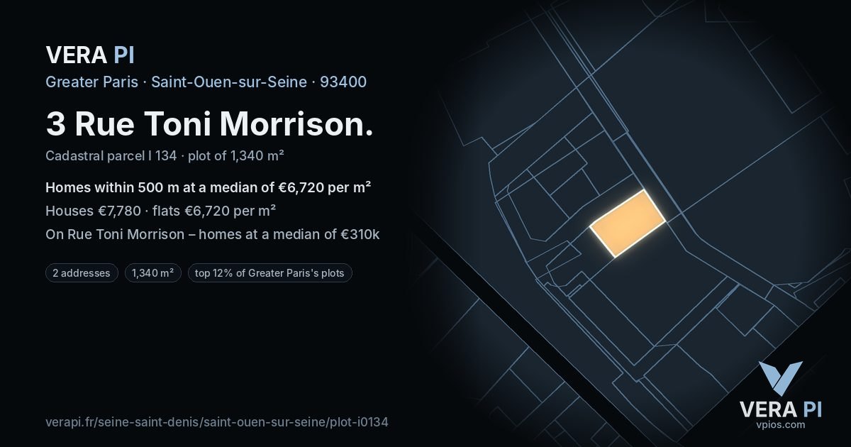 3 Rue Toni Morrison, Saint-Ouen-sur-Seine at night – the plot lit, the parcels around coloured by the prices near them