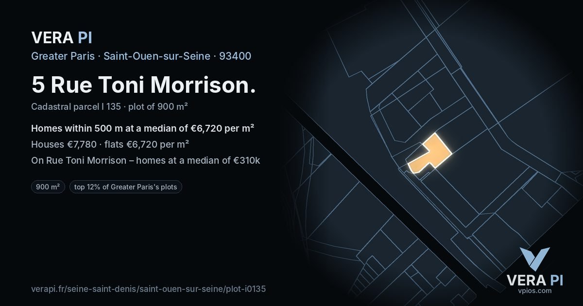 5 Rue Toni Morrison, Saint-Ouen-sur-Seine at night – the plot lit, the parcels around coloured by the prices near them