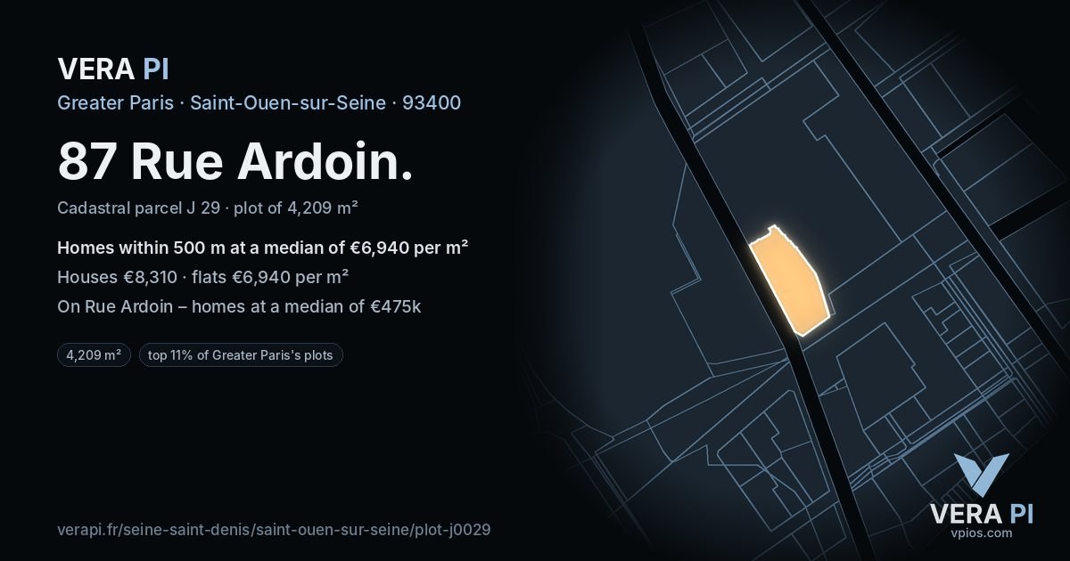 87 Rue Ardoin, Saint-Ouen-sur-Seine at night – the plot lit, the parcels around coloured by the prices near them