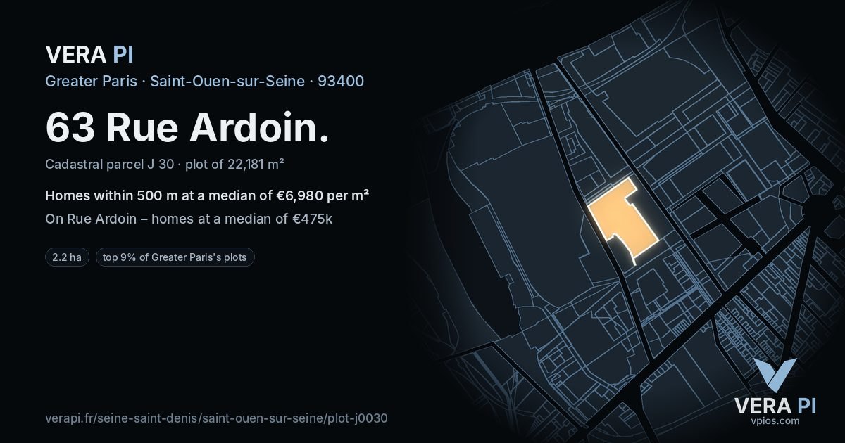 63 Rue Ardoin, Saint-Ouen-sur-Seine at night – the plot lit, the parcels around coloured by the prices near them
