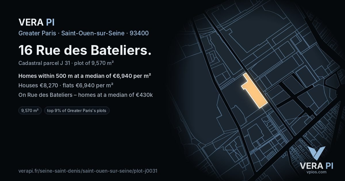 16 Rue des Bateliers, Saint-Ouen-sur-Seine at night – the plot lit, the parcels around coloured by the prices near them