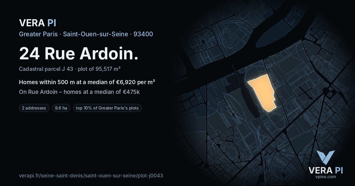 24 Rue Ardoin, Saint-Ouen-sur-Seine at night – the plot lit, the parcels around coloured by the prices near them