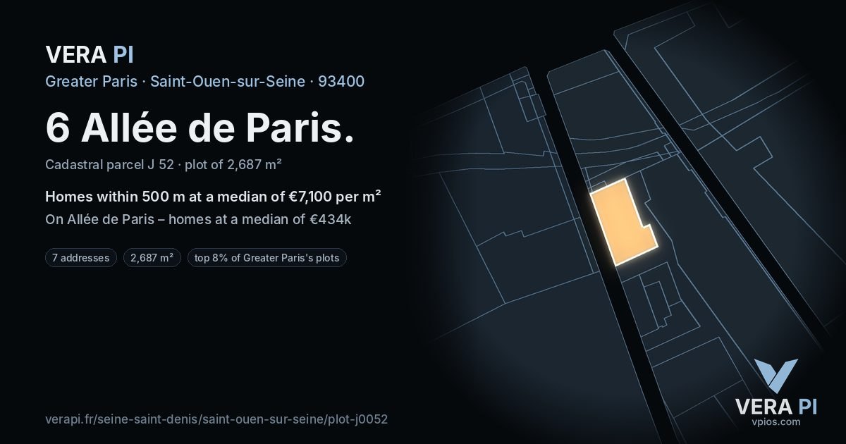 6 Allée de Paris, Saint-Ouen-sur-Seine at night – the plot lit, the parcels around coloured by the prices near them