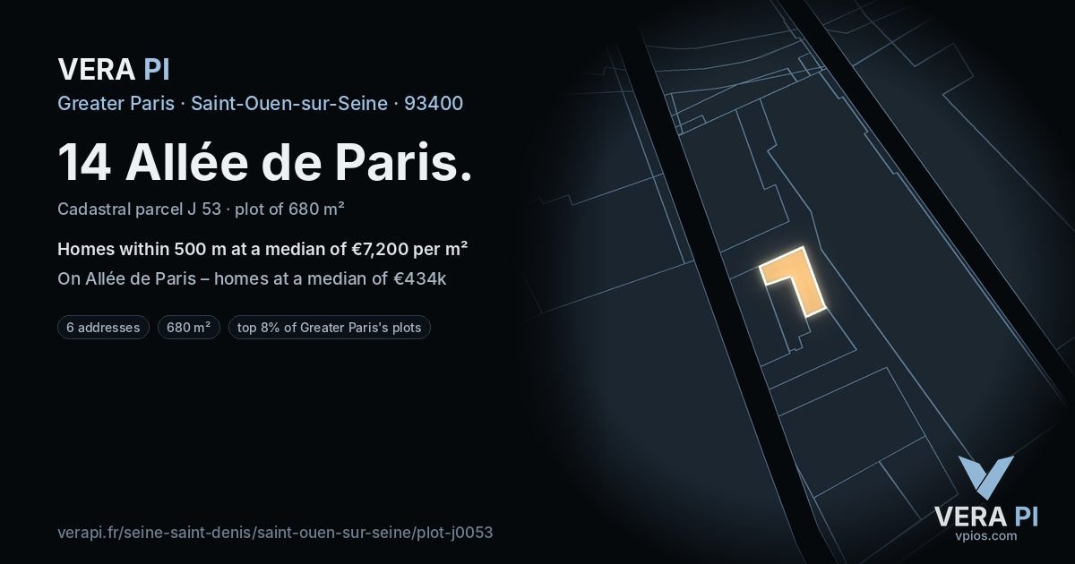 14 Allée de Paris, Saint-Ouen-sur-Seine at night – the plot lit, the parcels around coloured by the prices near them