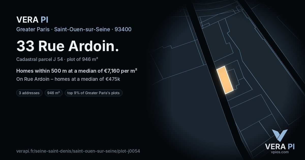 33 Rue Ardoin, Saint-Ouen-sur-Seine at night – the plot lit, the parcels around coloured by the prices near them