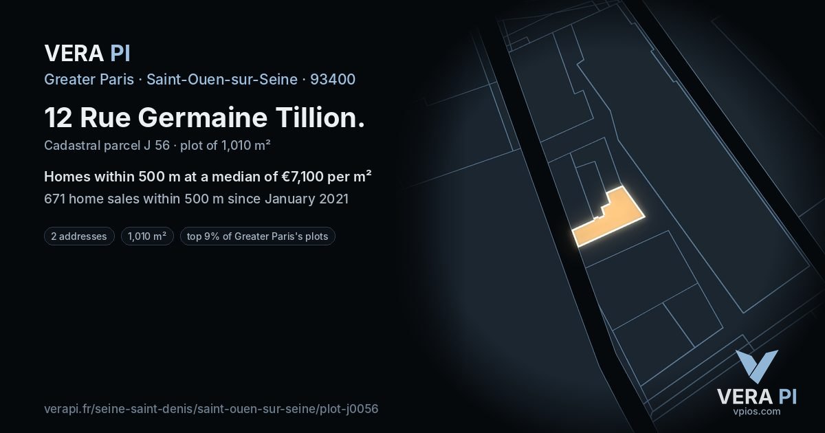 12 Rue Germaine Tillion, Saint-Ouen-sur-Seine at night – the plot lit, the parcels around coloured by the prices near them