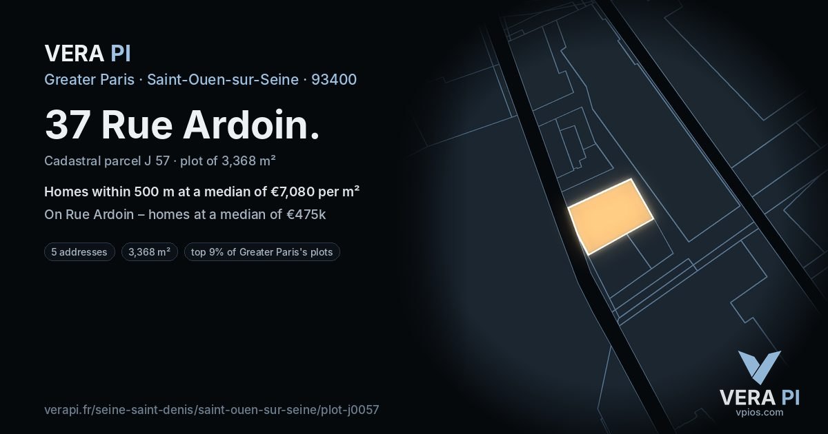 37 Rue Ardoin, Saint-Ouen-sur-Seine at night – the plot lit, the parcels around coloured by the prices near them