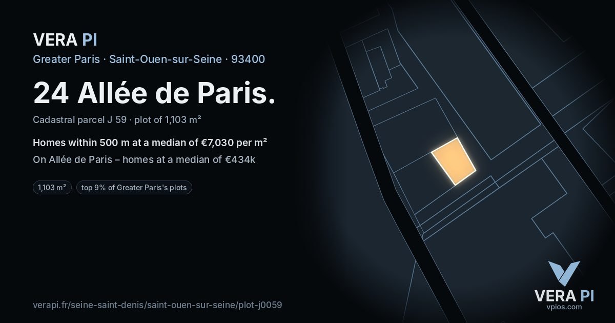 24 Allée de Paris, Saint-Ouen-sur-Seine at night – the plot lit, the parcels around coloured by the prices near them