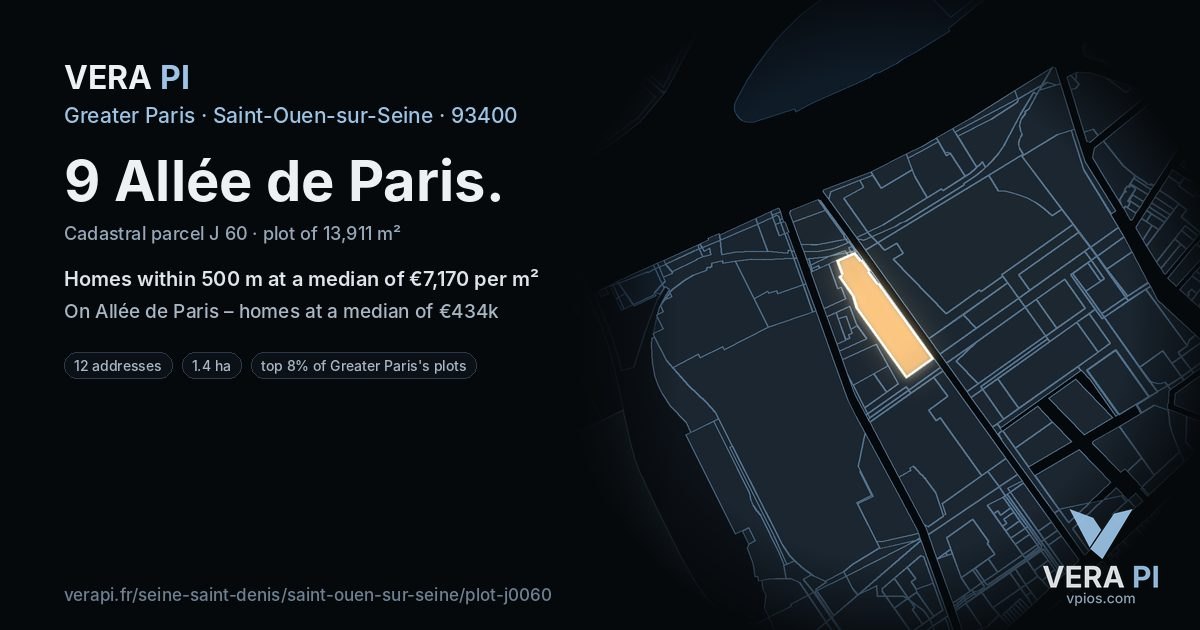 9 Allée de Paris, Saint-Ouen-sur-Seine at night – the plot lit, the parcels around coloured by the prices near them
