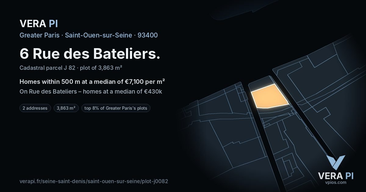 6 Rue des Bateliers, Saint-Ouen-sur-Seine at night – the plot lit, the parcels around coloured by the prices near them