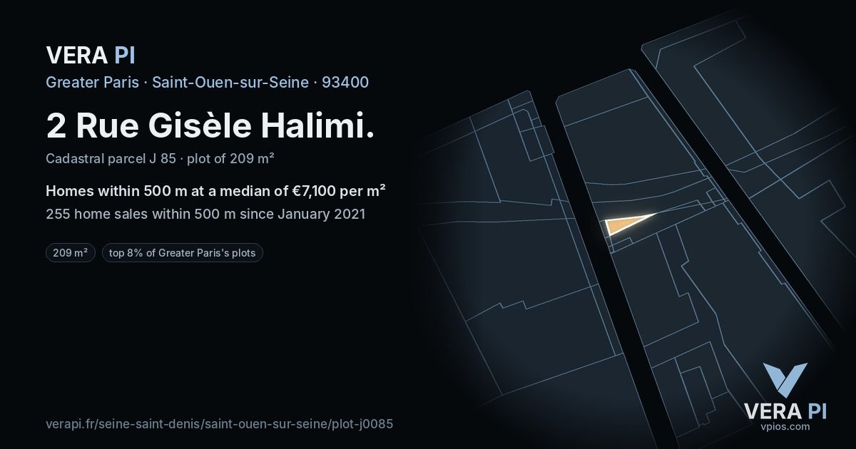 2 Rue Gisèle Halimi, Saint-Ouen-sur-Seine at night – the plot lit, the parcels around coloured by the prices near them