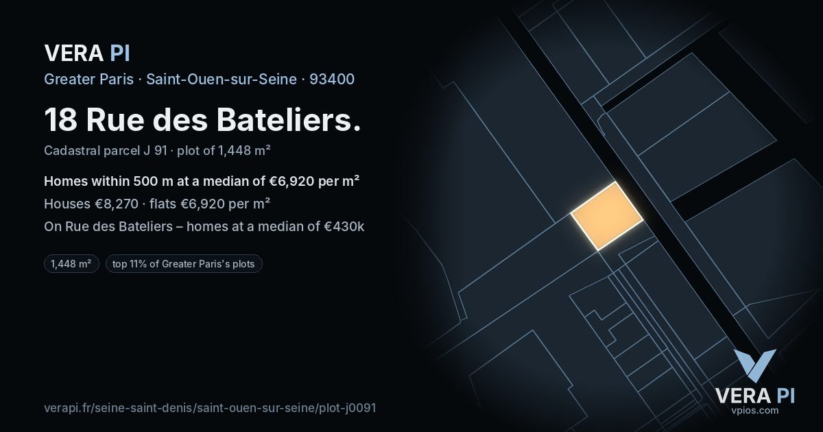 18 Rue des Bateliers, Saint-Ouen-sur-Seine at night – the plot lit, the parcels around coloured by the prices near them