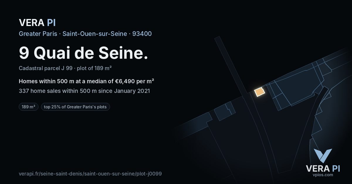 9 Quai de Seine, Saint-Ouen-sur-Seine at night – the plot lit, the parcels around coloured by the prices near them