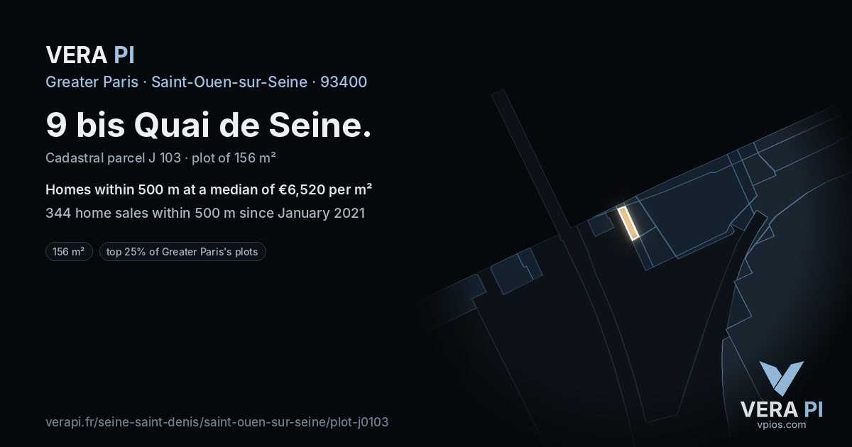 9 bis Quai de Seine, Saint-Ouen-sur-Seine at night – the plot lit, the parcels around coloured by the prices near them
