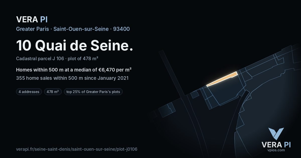 10 Quai de Seine, Saint-Ouen-sur-Seine at night – the plot lit, the parcels around coloured by the prices near them