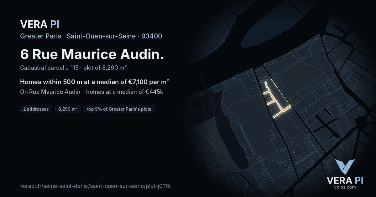 6 Rue Maurice Audin, Saint-Ouen-sur-Seine at night – the plot lit, the parcels around coloured by the prices near them