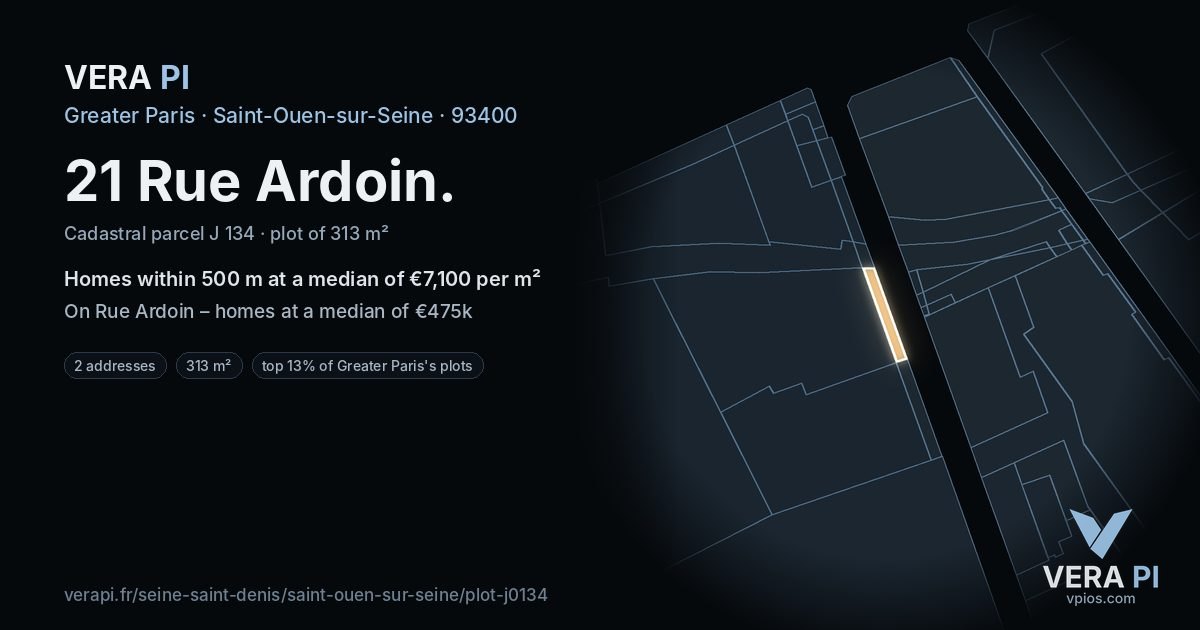21 Rue Ardoin, Saint-Ouen-sur-Seine at night – the plot lit, the parcels around coloured by the prices near them