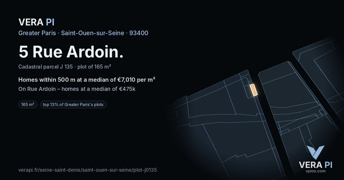5 Rue Ardoin, Saint-Ouen-sur-Seine at night – the plot lit, the parcels around coloured by the prices near them