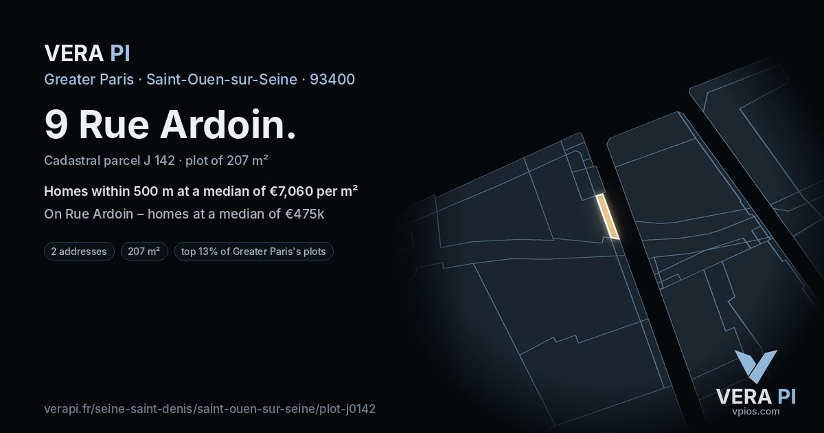 9 Rue Ardoin, Saint-Ouen-sur-Seine at night – the plot lit, the parcels around coloured by the prices near them