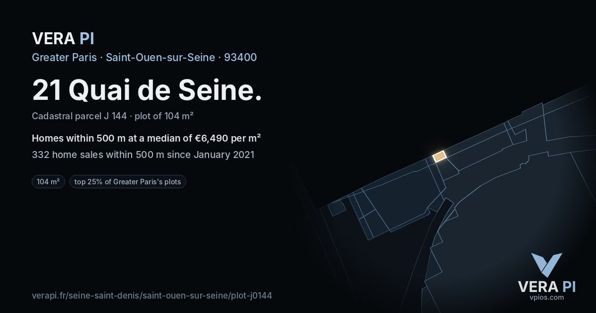 21 Quai de Seine, Saint-Ouen-sur-Seine at night – the plot lit, the parcels around coloured by the prices near them