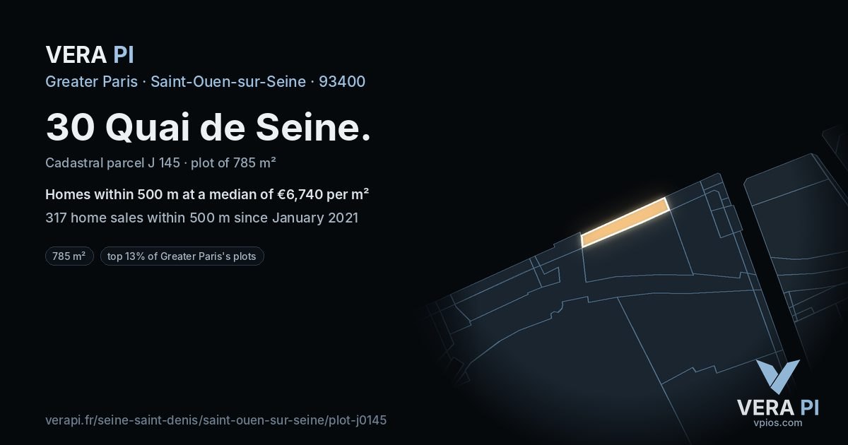30 Quai de Seine, Saint-Ouen-sur-Seine at night – the plot lit, the parcels around coloured by the prices near them